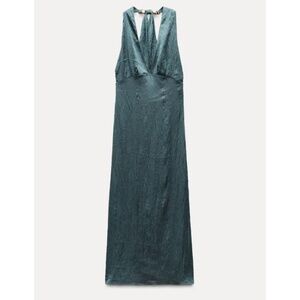 Zara | Wrinkled Satin Effect Halter Dress - Teal